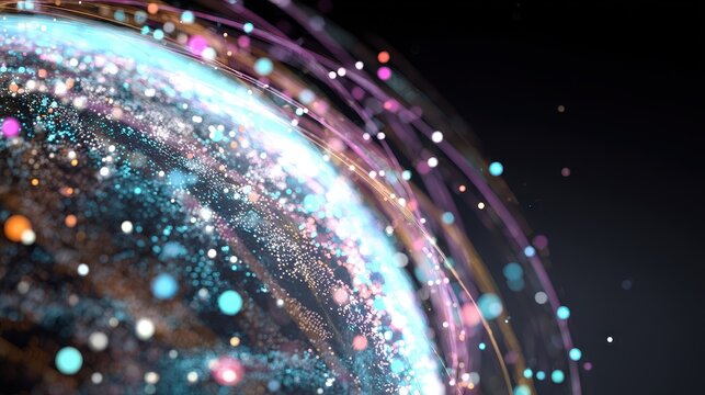 A stylized glowing globe surrounded by rotating binary streams and connection nodes, side view, showing the interplay of global data exchange, cybernetic tone, colored pastel.