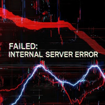 Digital glitch effect displaying internal server error with stock market graphs
