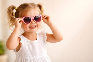 Naklejka premium Little girl wearing sunglasses smiling playful summer lifestyle concept