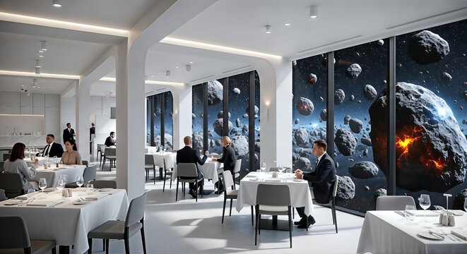 Elegant restaurant interior with a stunning view of outer space and planets through large windows.