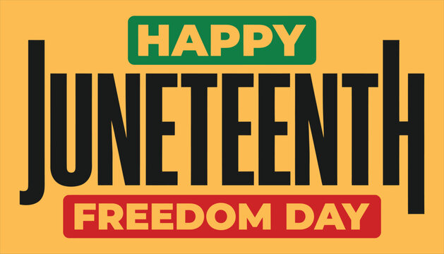 Happy juneteenth freedom day celebration with colorful text on orange background