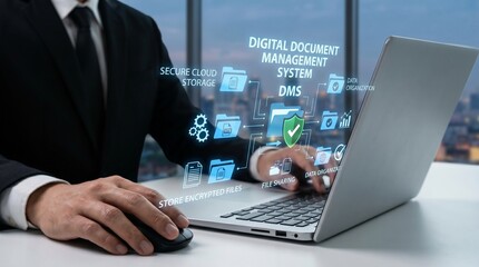 Obraz premium Business professional using a laptop for digital document management system, showcasing cloud storage and workflow automation for enhanced efficiency and data security
