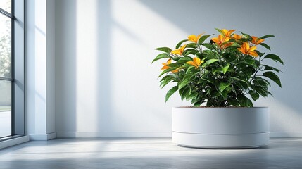 Fototapeta premium Potted plant with vibrant leaves and flowers