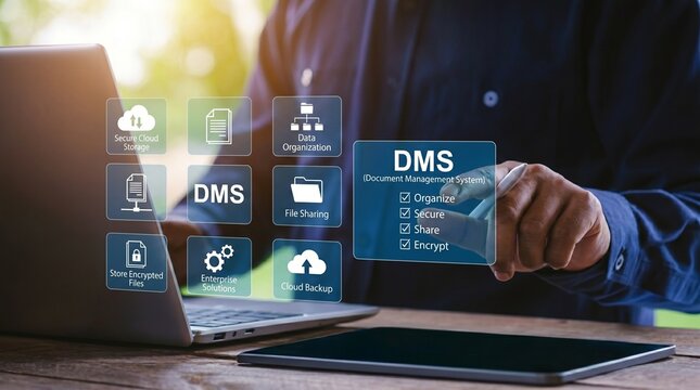 Document Management System, DMS icons on tablet, business technology, digital workflow