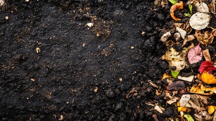 Fototapeta premium Composting process with soil and organic waste materials at a garden site in autumn