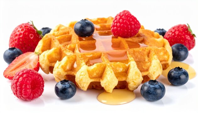 Delicious golden waffle drizzled with honey, surrounded by fresh red raspberries, blueberries, and sliced strawberries on a white background.