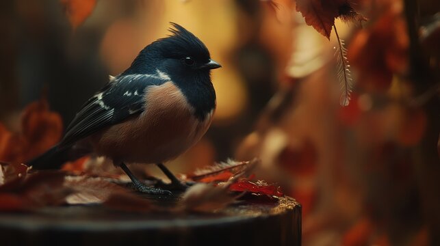 Autumnal Bird Sitting on Tree Stump