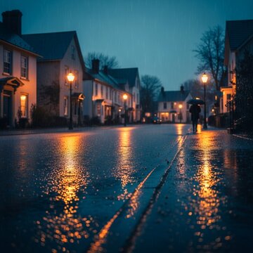 Rainy Night Residential Street Reflection