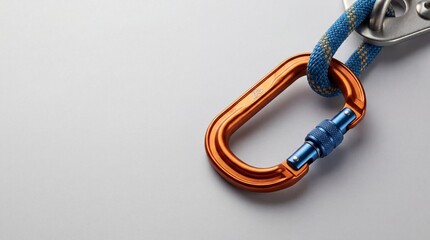 Fototapeta premium Orange carabiner with blue rope attached for climbing safety and support