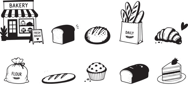 Hand Drawn Bakery Items Vector Set with Fresh Bread and Sweet Pastries