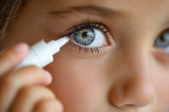 A young girl with blue eyes applies eye drops to her eye with a small white dropper.