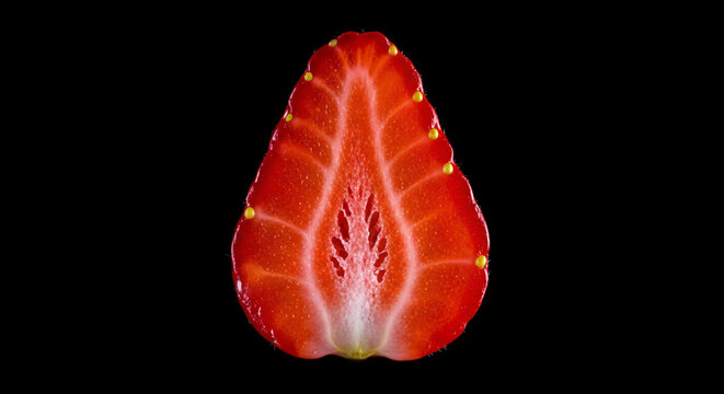 Vibrant Strawberry Half Cross-Section Isolated on Black Background