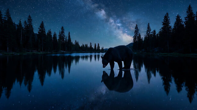 Bear drinking water under a starry night sky with the Milky Way over a forest lake