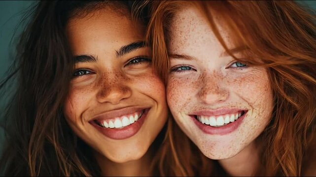 Diverse freckled young women smiling together in close up portrait