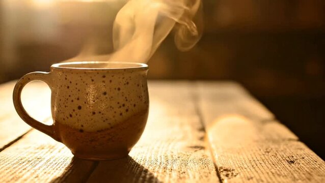Steaming Coffee Cup on Oak Wood Table with Morning Sun Flare