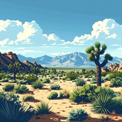 Fototapeta premium A vast desert landscape unfolds under a clear blue sky with layered mountains in the distance and various cacti and shrub s in the foreground
