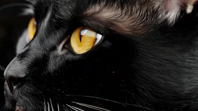 Black cat's striking yellow eyes gazing with a mysterious expression