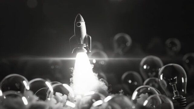 The features a stylized depiction of a rocket launch with a digital overlay of light bulbs and electricity patterns, symbolizing innovation and energy.
