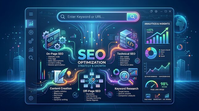 SEO Optimization Dashboard Illustration Showing Keyword Research, Technical SEO, Content Creation and Analytics Insights