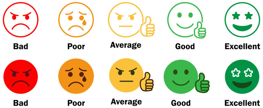 Customer feedback rating icons showing bad, poor, average, good and excellent review levels. Smiley face evaluation symbols for survey, review, customer rating. vector icons