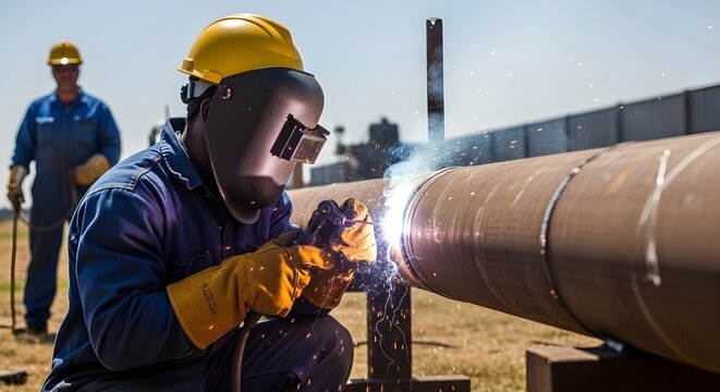 A welder in a yellow hard hat and protective gear works on a large pipe outdoors.