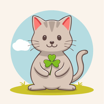 Cute cartoon cat holding a shamrock