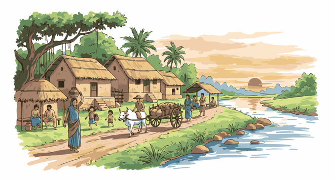 Rural village scene with thatched houses, people, bullock cart, and river at sunset