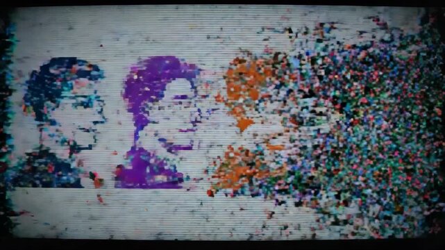 Pixel art animation of man face profile shifting from happy blue expression to sad red in retro game style. Digital emotion transition sequence with color variations for graphic design concepts