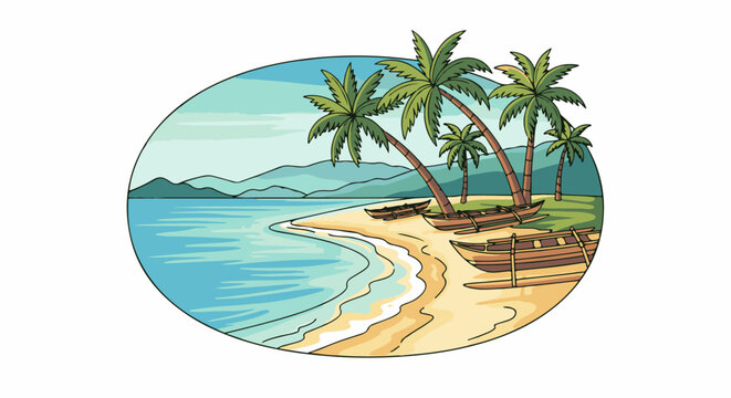 Serene beach scene with palm trees and outrigger canoes resting on golden sand