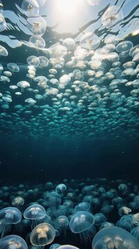 Translucent jellyfish shimmer beautifully in sunlit ocean