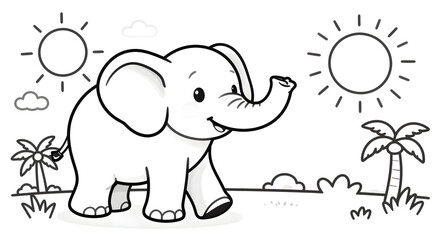 An elephant with a palm tree and sun in the background