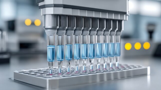 Detailed View of an Automated Laboratory Pipetting System in Action for Efficient Sample Handling and Processing