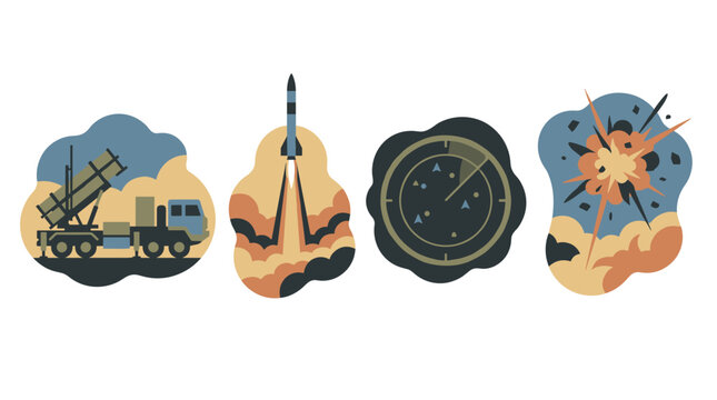 Patriot missile defense system vector set: launcher truck, radar, rocket launch, and aerial interception