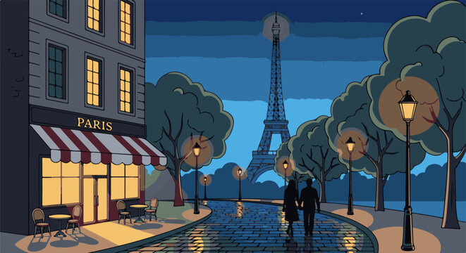Romantic Parisian street scene at night with illuminated Eiffel Tower and cafe
