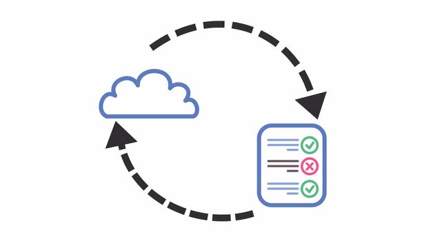 Check mark result on a cloud workflow and task synchronization cartoon in the alpha channel. Flat design of a cloud computing process with a checklist for data integration symbol.