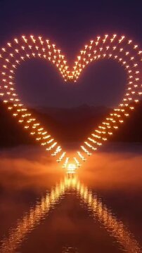 A burning heart of fire glows with passion as a red vector illustration shape in the night sky for a romantic Valentine's Day card design symbol of love