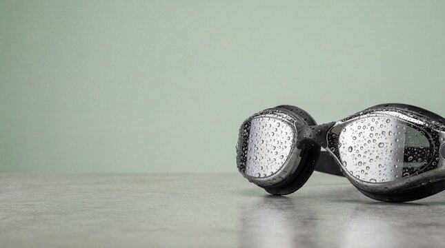 Wet swimming goggles resting on a stone surface against a green wall