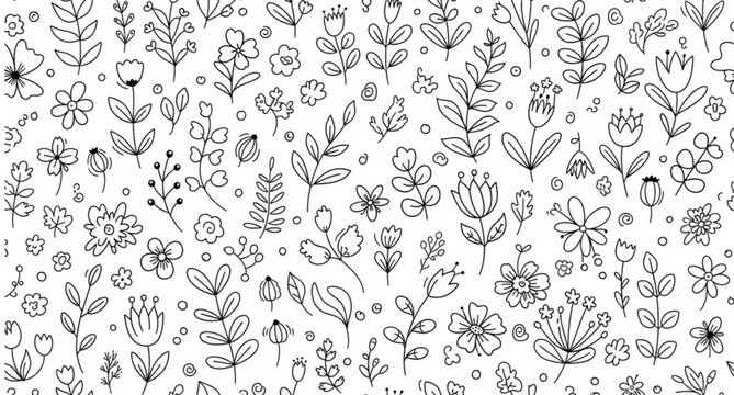 Botanical doodle seamless pattern with flowers and leaves abstract floral background vector set