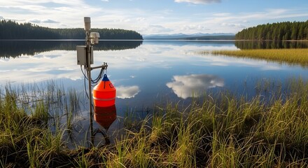 Obraz premium A serene lake scene with a bright orange buoy in the foreground and lush greenery surrounding the calm water under a blue sky with white clouds