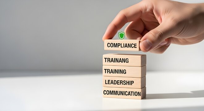 A hand placing a block with the word compliance on top of a stack of blocks with leadership and communication written on them.