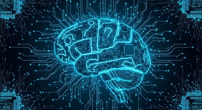 A futuristic digital illustration of a human brain with circuit board patterns and neon blue lines on a dark background