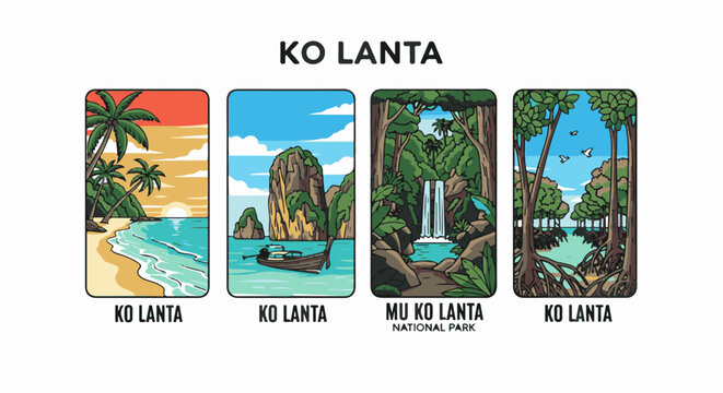 Pixel art depictions of Thai island landscapes sunset beach, rocky islets, waterfall, and mangrove forest