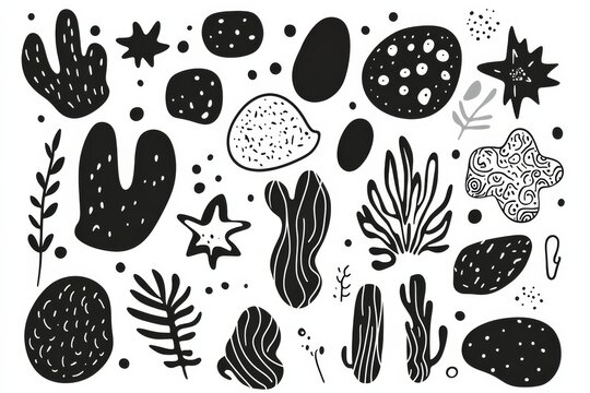 Unique black and white illustrations of plants and shapes created for a design project in 2023