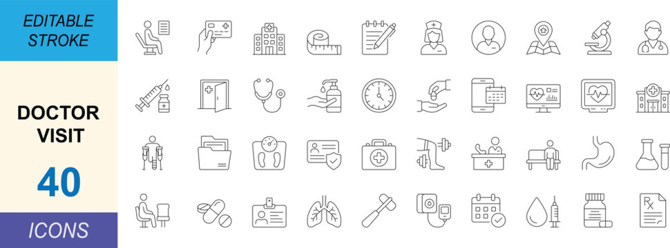 Doctor visit line icon set with clean stroke, minimal outline style. Includes healthcare, patient, diagnosis, treatment and medical service concepts. Professional editable vector icons for UI design.