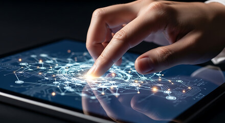 Naklejka premium Hand touching a digital tablet with glowing network connections and abstract data