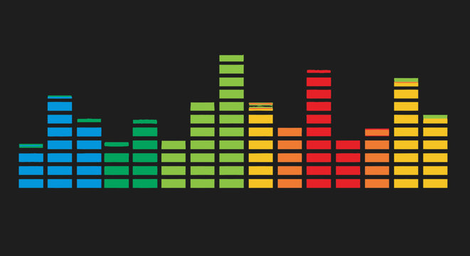 Vector illustration of a digital music equalizer background featuring colorful sound waves and frequency spectrum bars for disco audio technology design