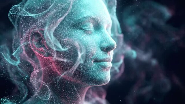 Woman dissolving into digital particles in ethereal sequence. Serene face transforming through cyber effects. Futuristic holographic portrait animation with glowing blue and pink hues.