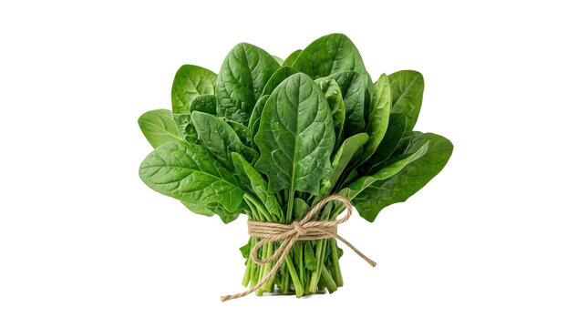 A fresh bunch of vibrant green spinach leaves is neatly tied with twine, presented against a clean white background with a bright, natural light.