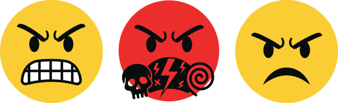 Three distinct yellow emoticons express escalating levels of anger and frustration ranging from irritation to fury and disappointment