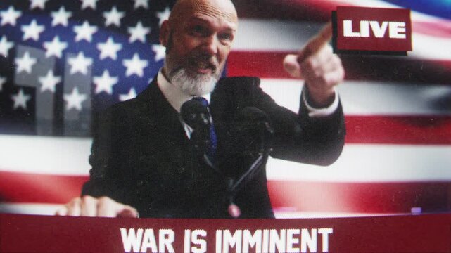 American government official declaring or threatening war on retro TV screen